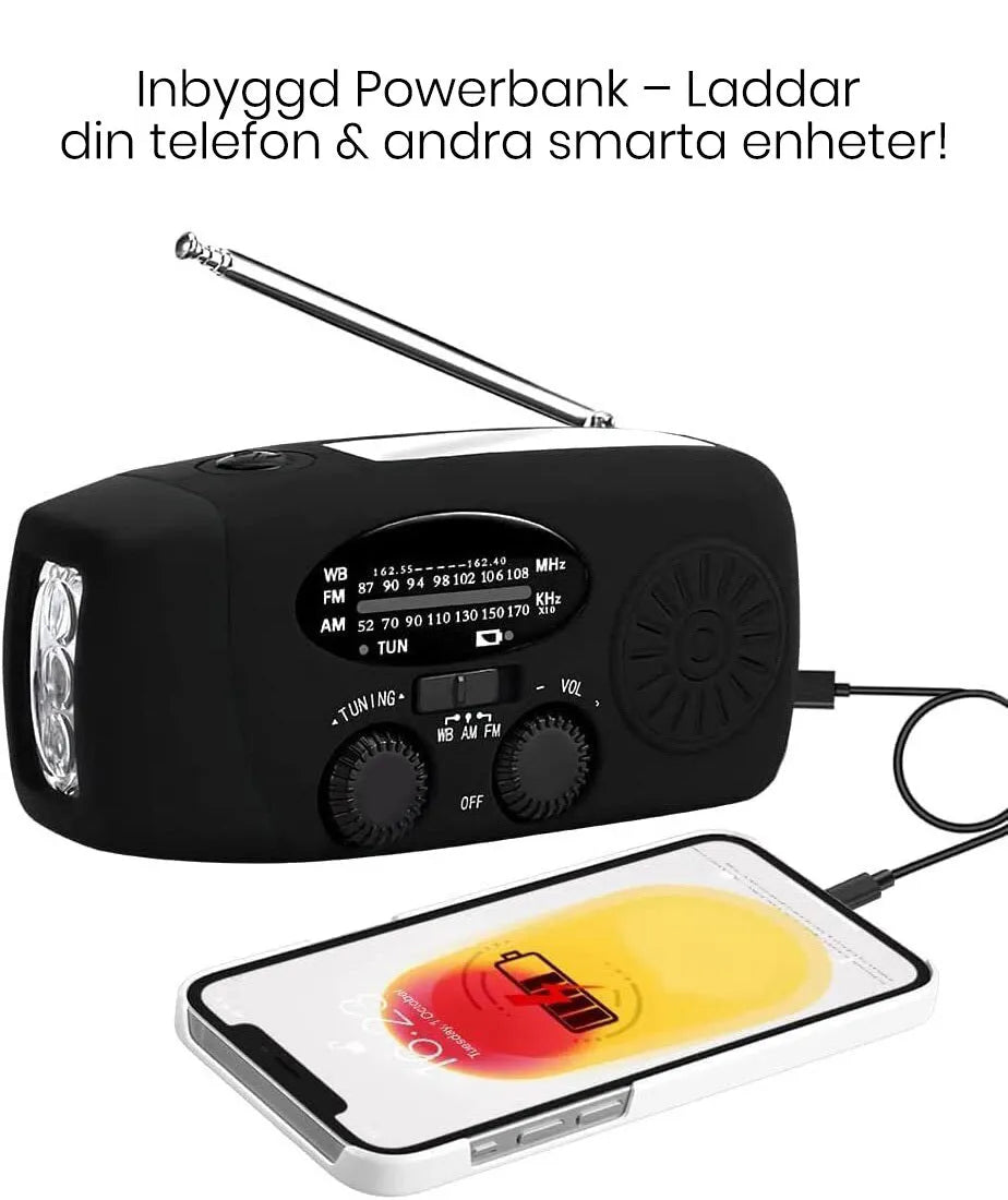 Multifunktionell Vevradio Mini - Bärbar Radio med Vev, LED &amp; Powerbank